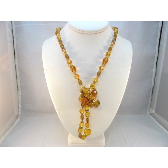 Vintage Long Faceted Glowing Yellow Vaseline Glass Beaded Necklace - Picture 6 of 13
